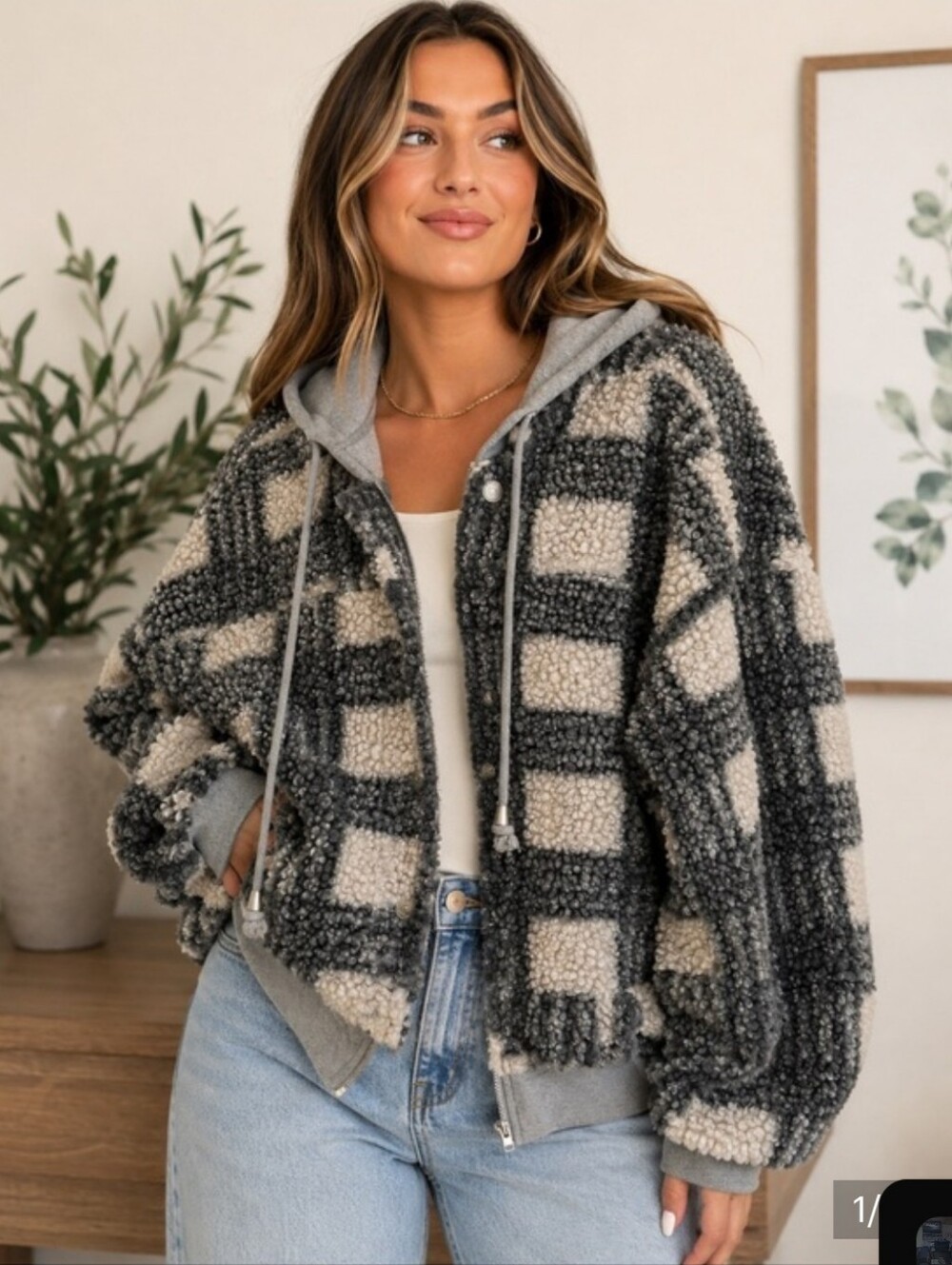 Easel Plaid Sherpa Zip Hoodie Jacket - Gray & Cream, NWT